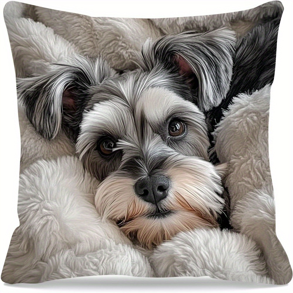 TEMU 1pc Mini Schnauzer Pattern Pillowcase, Soft And Comfortable, Made Of Smooth Polyester Short Plush Fabric, Single-sided Printed Design, Does Not