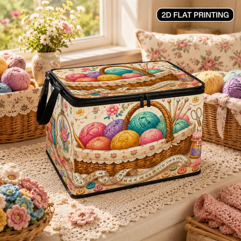 TEMU Jit1pc-colorful Yarn Ball Knitting Basket With Floral Handmade Pattern Storage Box | Large Capacity Foldable Storage Container | Lightweight And
