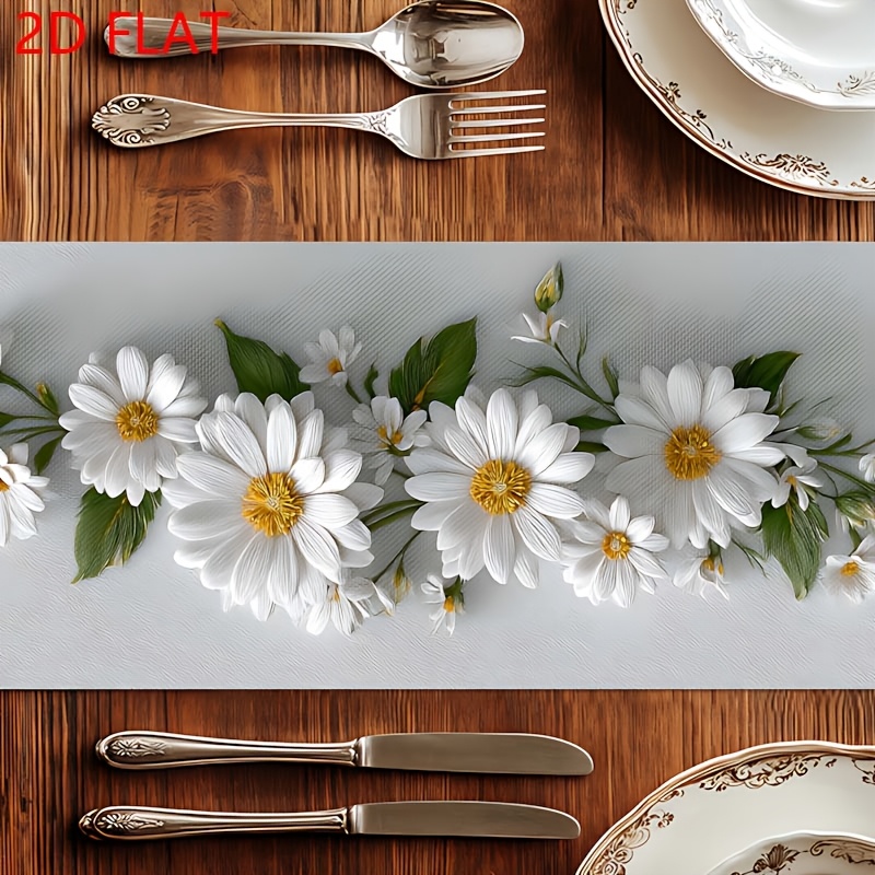 TEMU 1pc 2d Flat Printed White Daisy Floral Pattern Table Runner, 100% Polyester Fiber Tablecloth, Fresh Pattern To Add Vitality To Spring, Perfectly