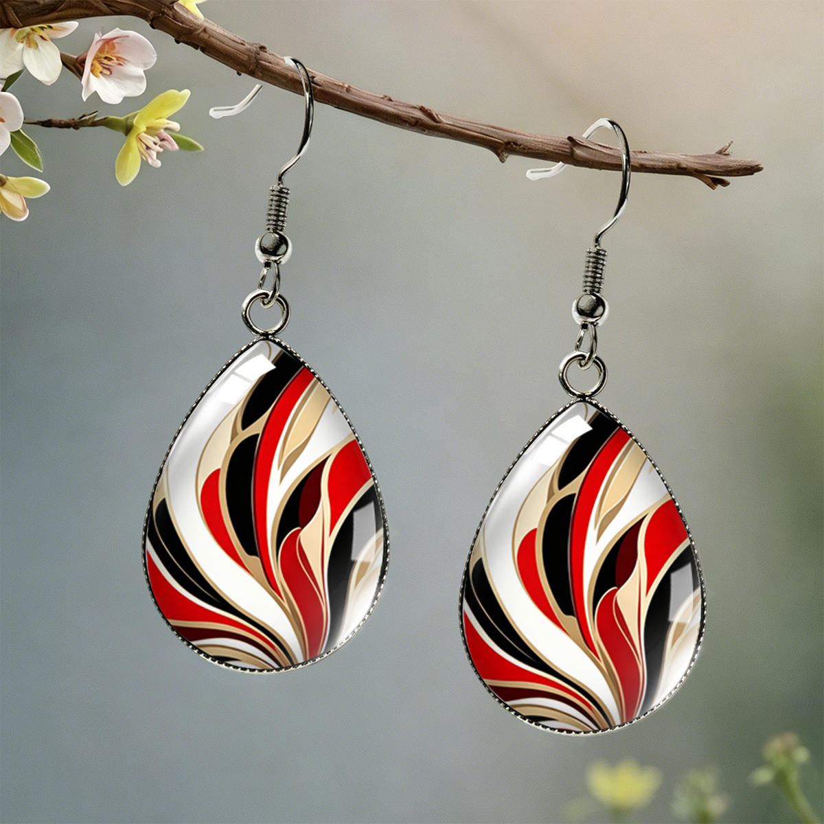 TEMU 1 Pair Men' & Women' Red Black Golden Teardrop Earrings - -free Dangle Earrings With Metallic Suitable For Daily Wear, Parties, Gifts, Versatile