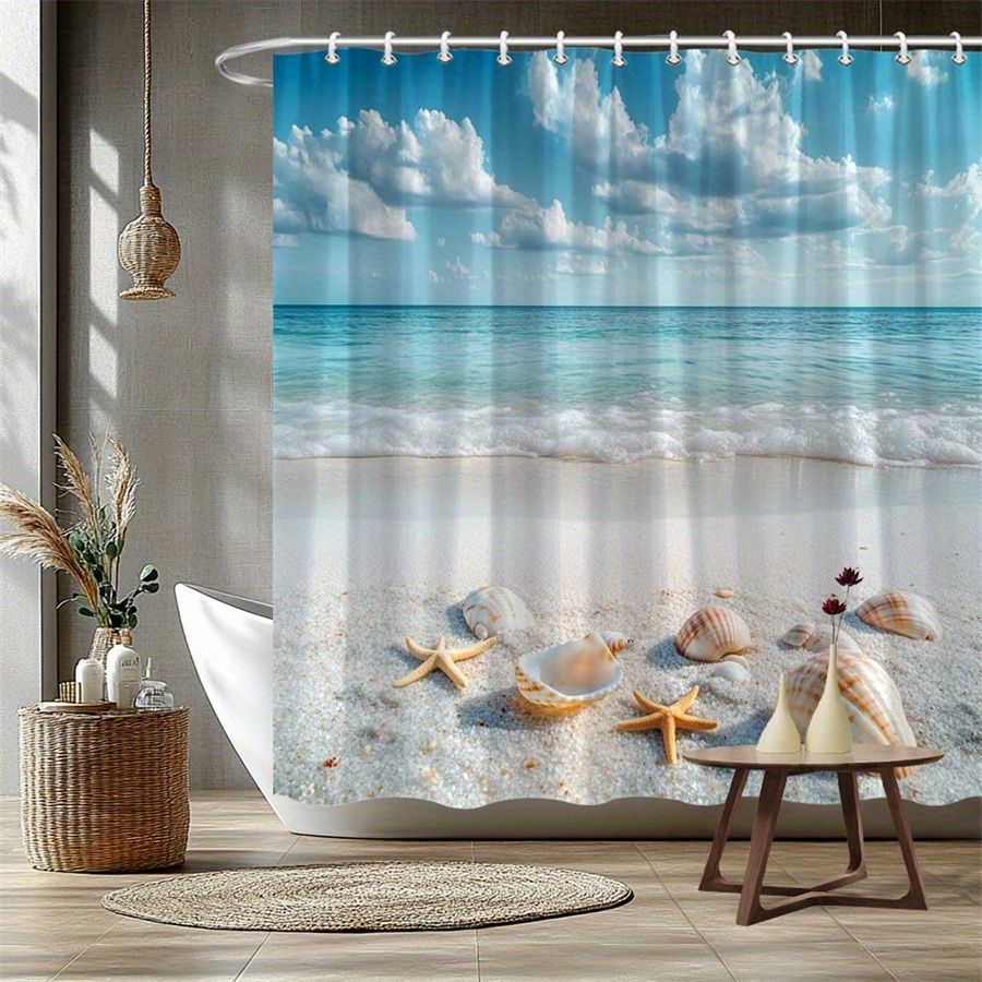 TEMU 1pc Beach Shower Curtain - Realistic Coastal Design With Sand, Seashells & Turquoise Ocean Waves, Durable Polyester Fabric, Machine Washable,