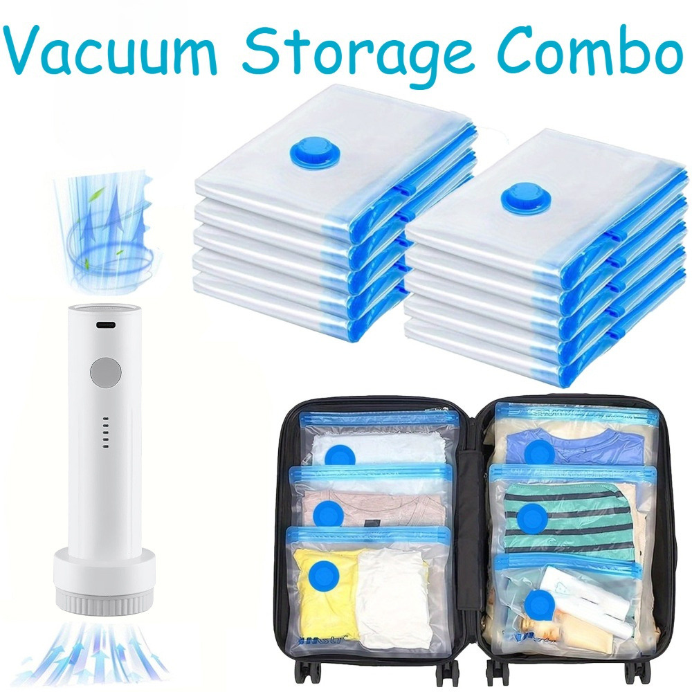 TEMU Ensemble de sacs de pompe à vide - Sacs de rangement sous vide réutilisables améliorés (matériau PET PE épaissi et robuste), pompe rechargeable