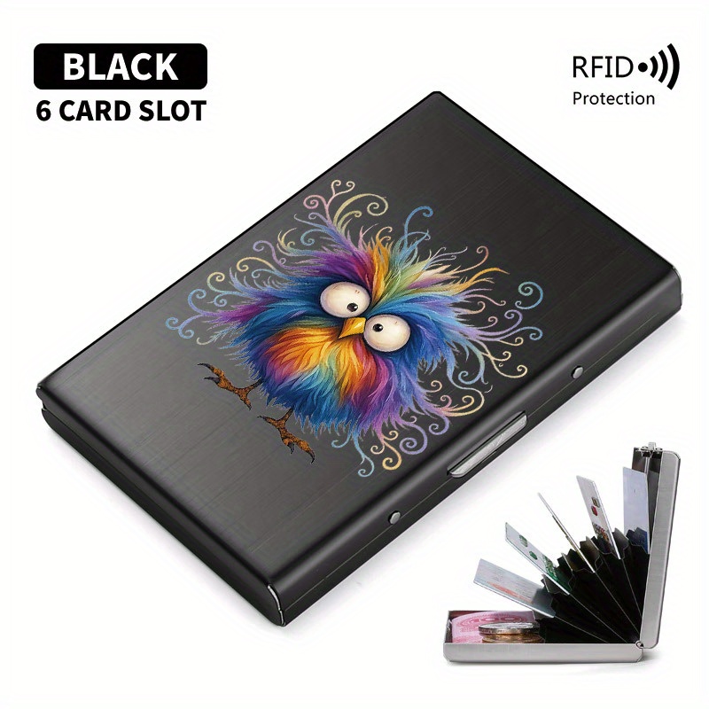 TEMU Colorful Feather Owl Pattern, High-end Stainless Steel Rfid Anti-theft Card Holder For Men - Fashionable Black Metal Wallet, Multi-functional