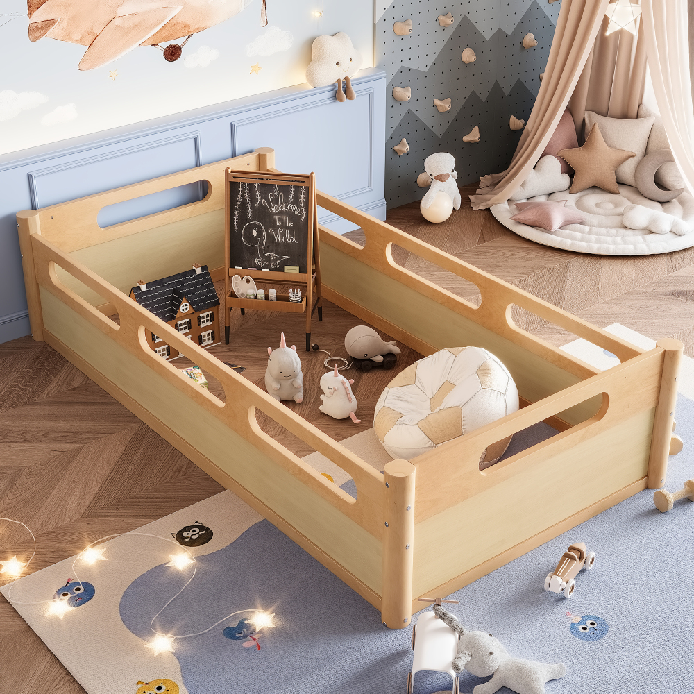 Twin Size Floor Platform Bed with Full-Length Guardrails, Low Profile Twin Bed Frame, No Box Spring Needed, Natural