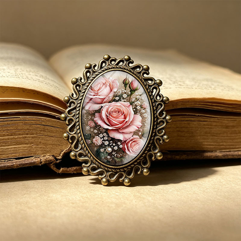TEMU 1pc Pink Roses Oil Painting Oval Brooch Glass Dome Vintage Brooches Unisex Clothing Backpack Accessory