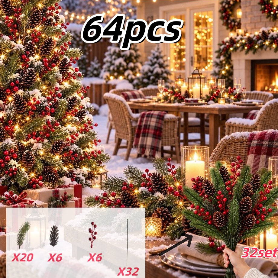 TEMU 64pcs (32pcs Décorations de Noël et 32pcs Bâtonnets) Décoration d'hiver Arrangement Floral, Artificielles de Noël, et , Pommes de pin, Branches