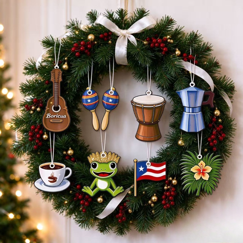 TEMU 24pcs Of Puerto Rican Music Themed Christmas Wooden Pendants, 8 Guitars, Sand , Drums, Coffee Cups, Corgi Frogs, Flags, Hibiscus Flowers,