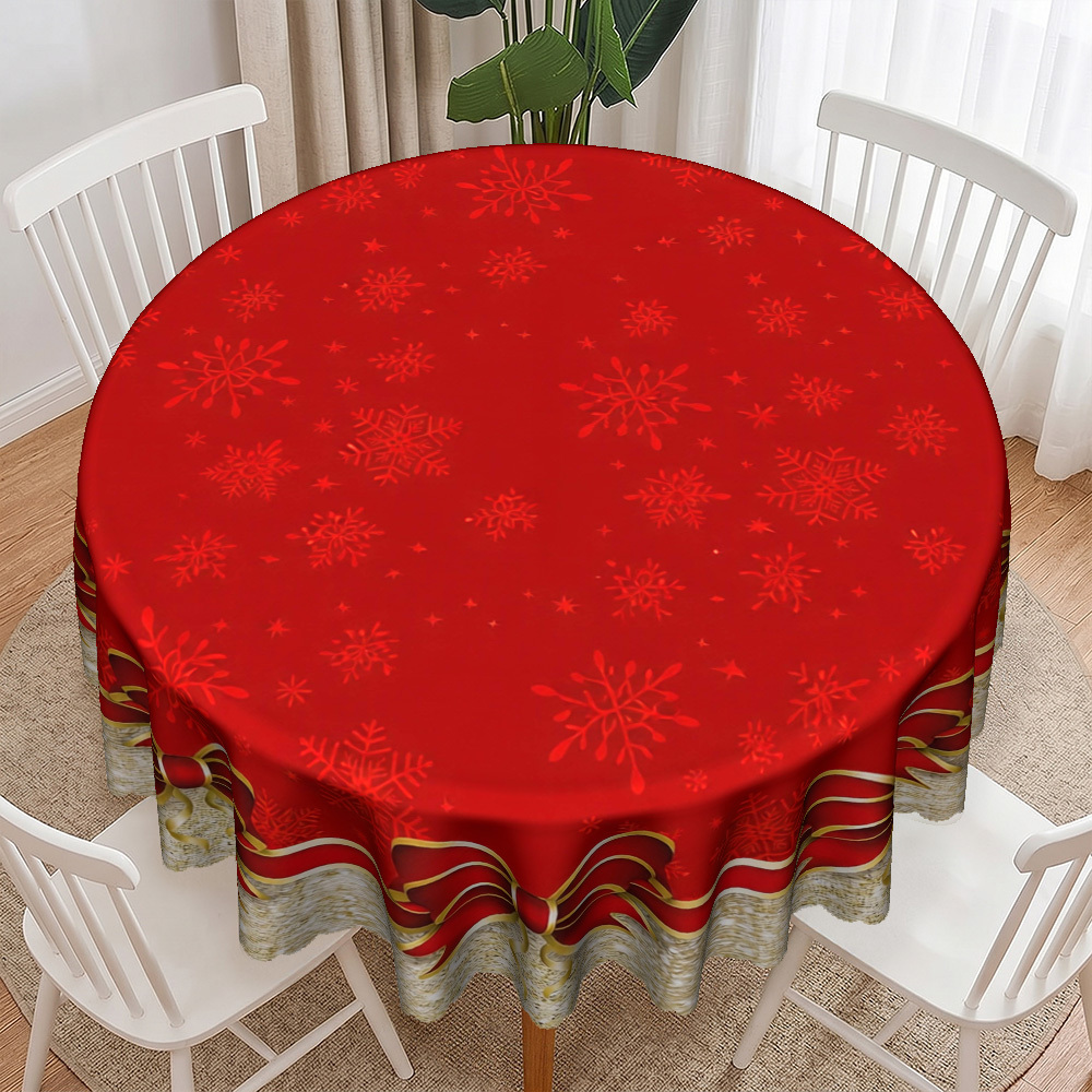 TEMU Round Tablecloths/ 1pc - Red Background Snowflake Bow Christmas Round Tablecloth, Tablecloth 2d Flat/ Polyester Material, Fit Round Tables And