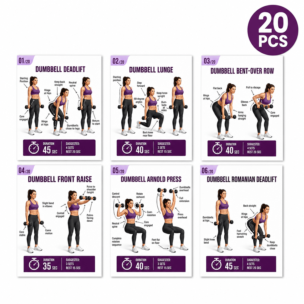 TEMU 20pcs (20pcs) Home Dumbbell Workout Cards With Exercises - Full- Guide Suitable For Beginners & Advanced, Travel-friendly Fitness Cards,
