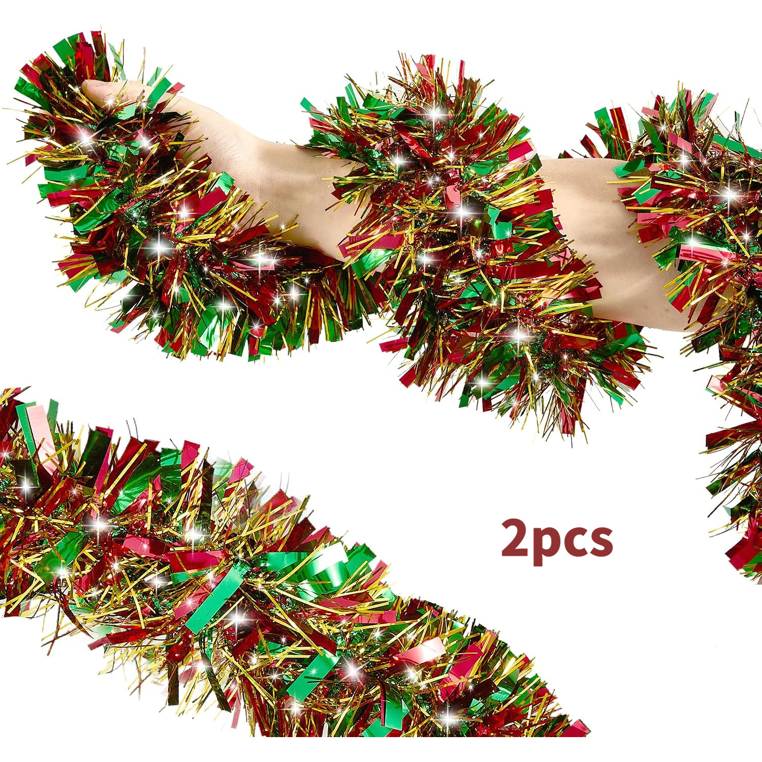 TEMU 2pcs 6.56ft Tinsel Garland With Metallic Twist & Shiny Hanging Decorations - Green Suitable For Christmas Tree, Wreaths, Mantels, Doors, Parties
