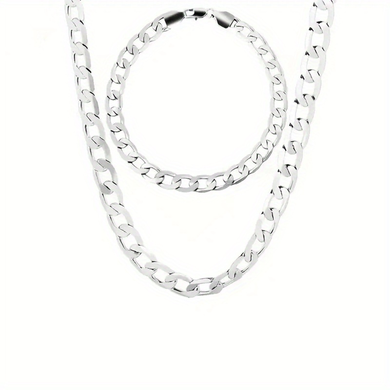 TEMU 925 Sterling Silver 9mm Cuban Chain Necklace And Bracelet Set, Fashionable And Delicate, Suitable For Daily And Party Wear- Birthday, Gift , All