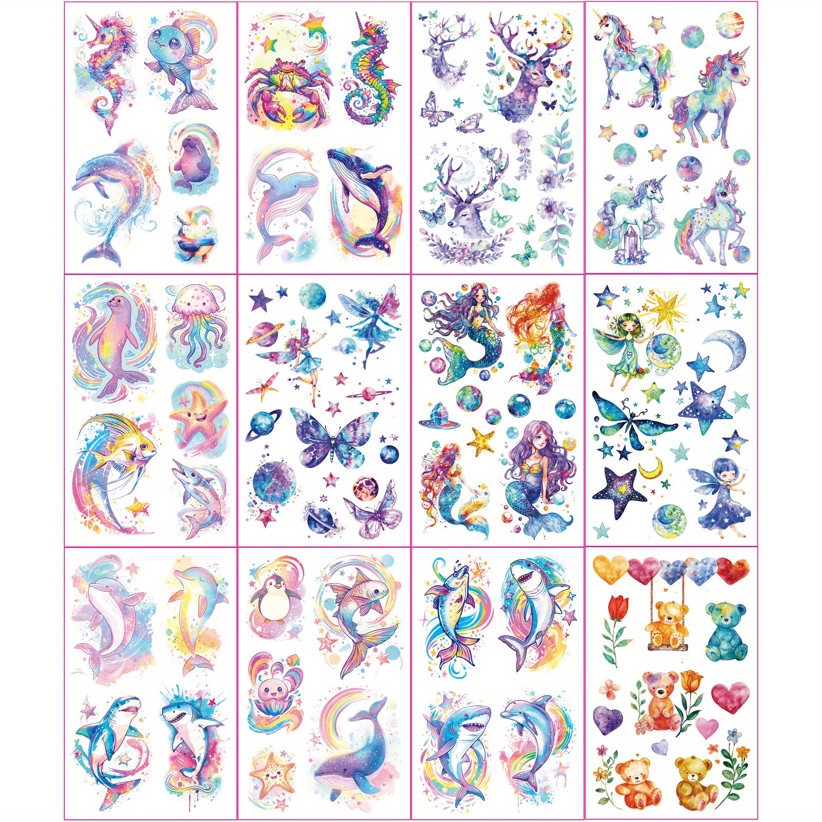 Image of 12pcs Sparkling Marine Creatures Shark Deer Mermaid Unicorn Kids Temporary Tattoo Stickers, Cute Design Waterproof Fake Tattoo Stickers