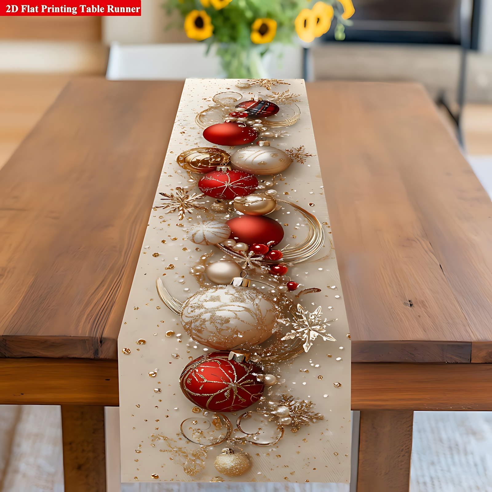 TEMU 1 chemin de table sur le thème de Noël, couleur rouge et dorée, de de neige étincelants, de boules colorées rondes et d'un motif imprimé