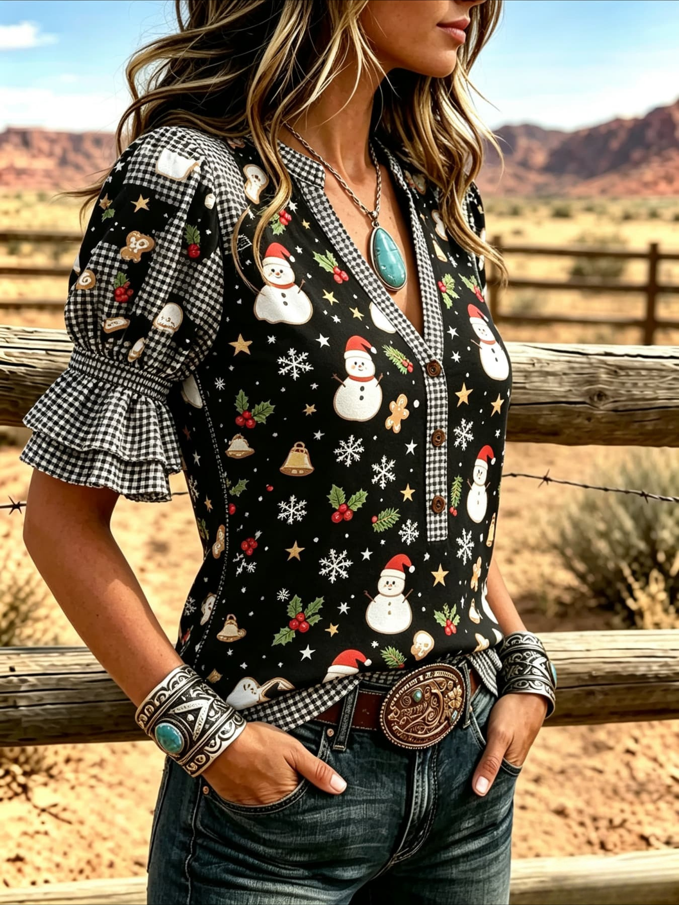   neck short sleeved shirt featuring snowman gingerbread man and snowflake design on a black plaid background with double layered   puff sleeve and loose fit