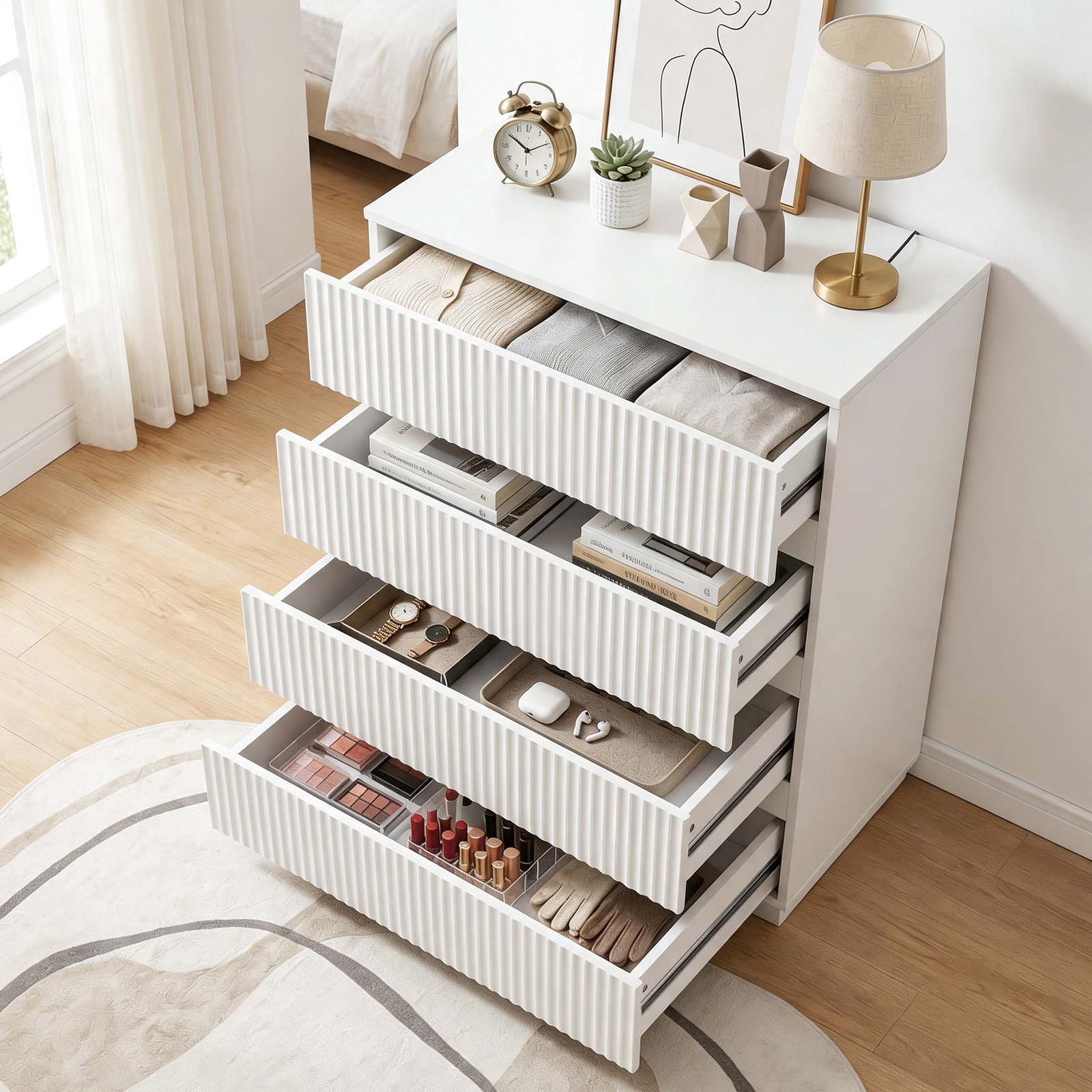 Image of Fluted Dresser Chest Of 4 Drawers, Modern Nightstand Storage Cabinet With Textured End, Space- Sideboard Organizer For Bedroom, Living Room, , White