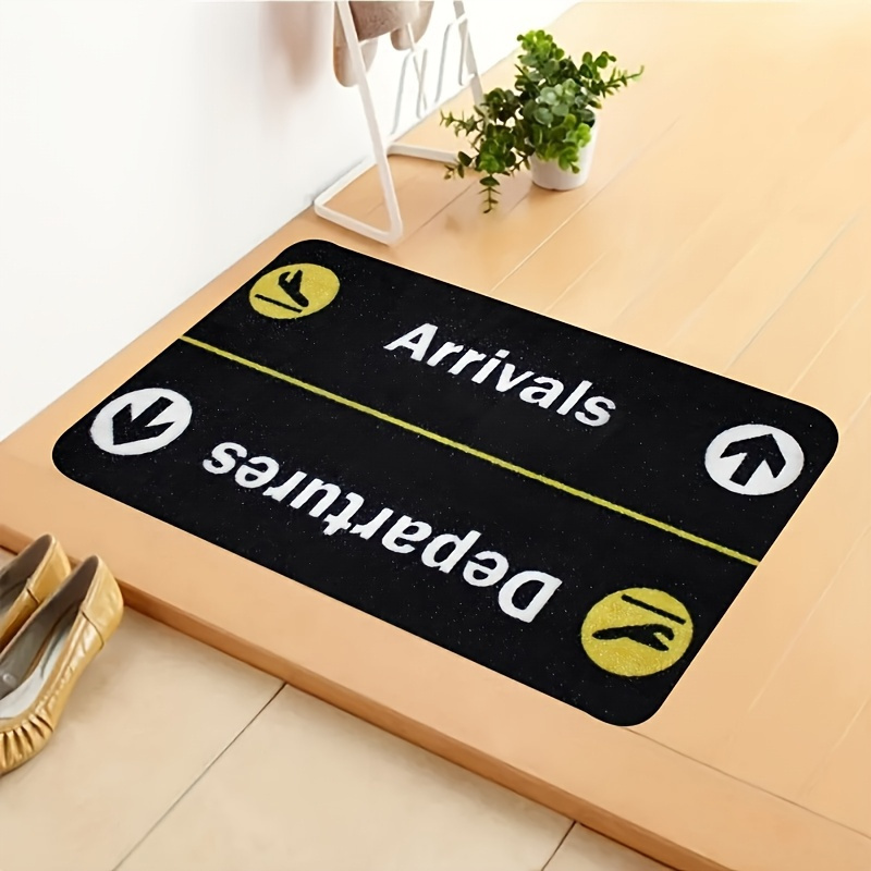 TEMU 1pc Airplane And Themed Doormat - Machine Washable, Black With Yellow/ Schedule Seasons. Suitable As Entryway Mat Or Decorative Piece In