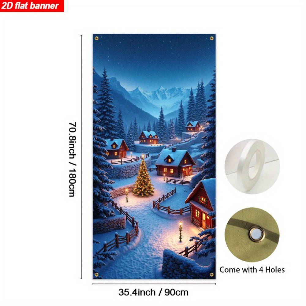 TEMU 2d Flat, 1pc 2d Flat Banner, Christmas New Year Door Decoration, Winter Snowy Cabin And Christmas Tree Wall Hanging, Holiday Gathering Backdrop,