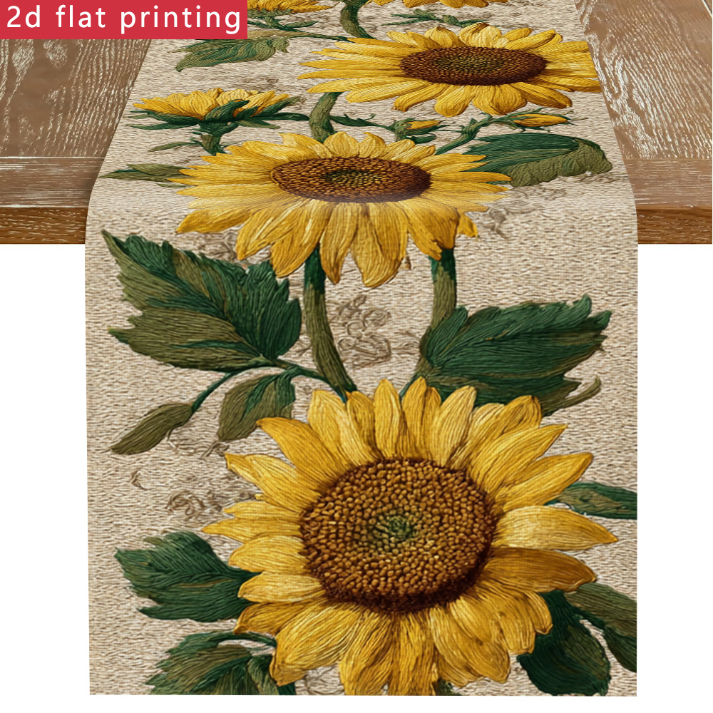 TEMU 1pc Brown Table Runner Compatible For Easter Eggs & Spring Sunflower Print - 2d Flat Printing Long Table Decor, Fabric Suitable For