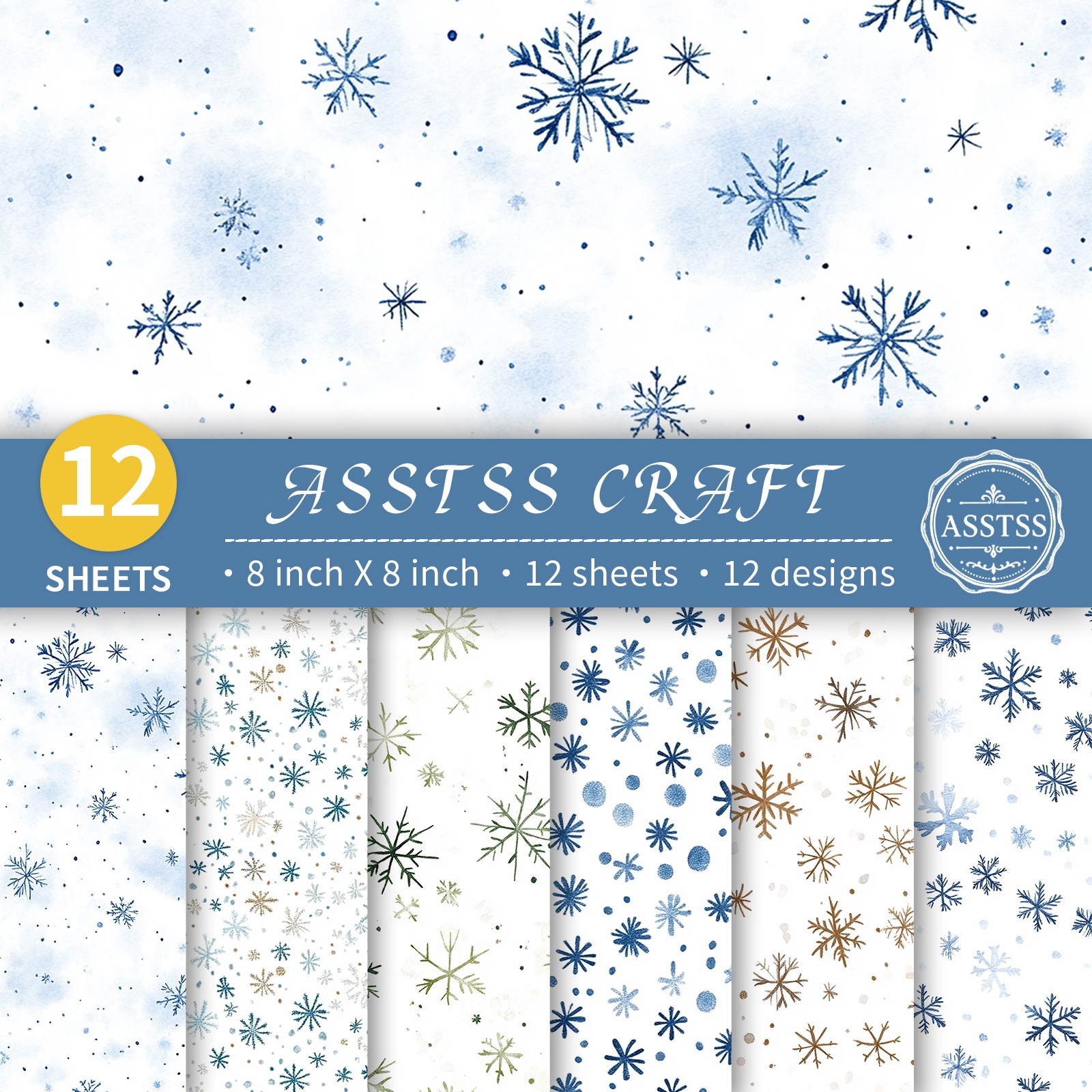 TEMU Lot de 12 feuilles de papier scrapbooking ASSTSS 8X8 pouces, papier de base style de neige aquarelle bleu Morandi et marron pour Noël, papier