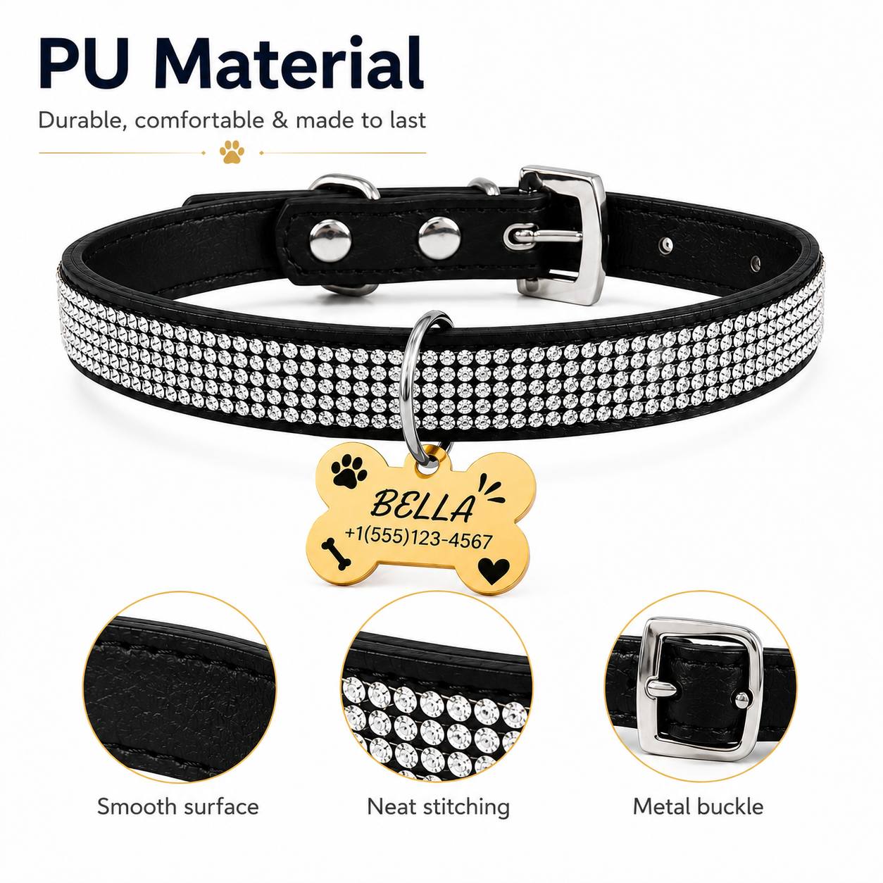 Diamond-Studded Pet Collar with Engravable Bone Dog Tag