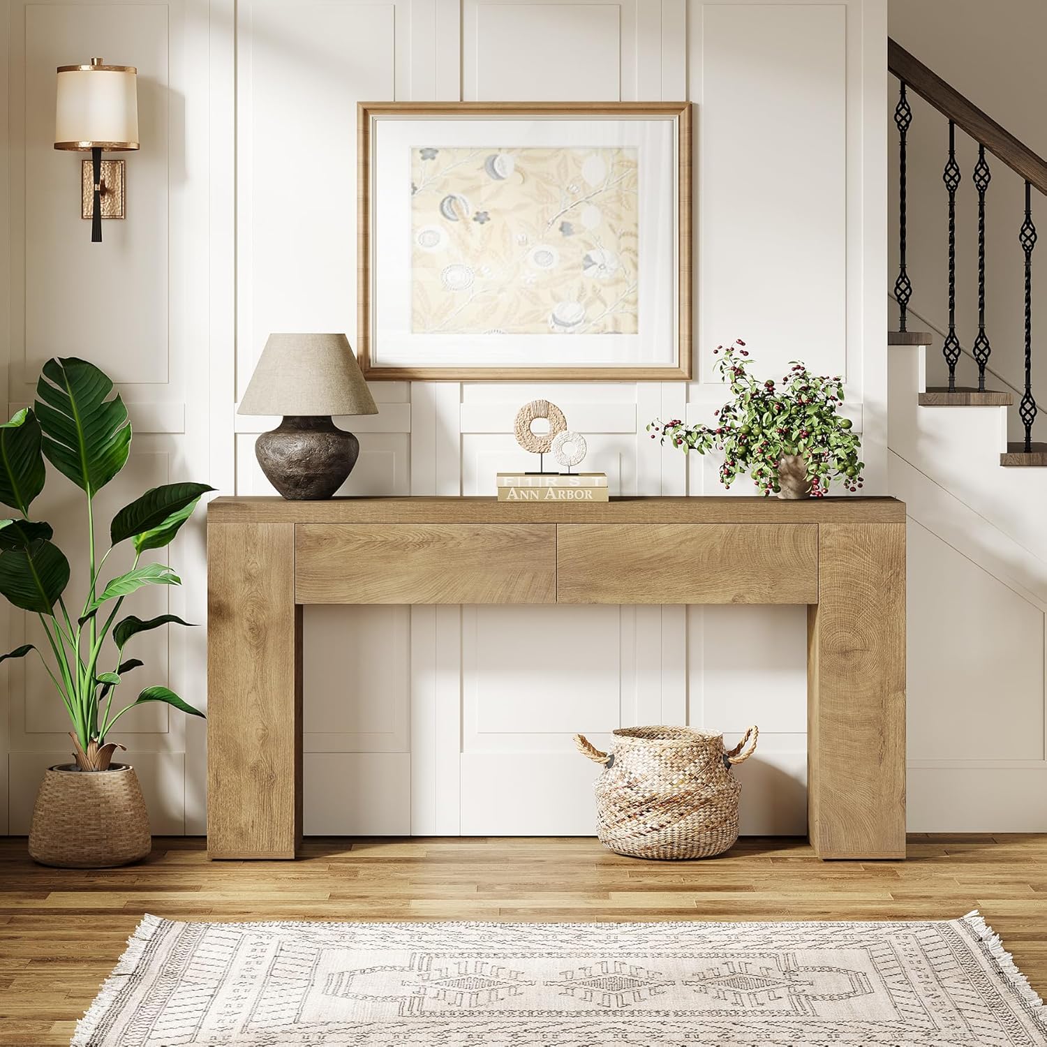 TEMU 63-inch Rustic Farmhouse Console Table With 2 Hidden Drawers - Wood & Suitable For Living Room, Hallway, Entryway Sofa Table, Easy Assembly