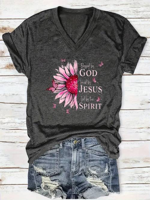 womens casual v neck t shirt with inspirational god is floral print short sleeve spring summer top breathable polyester blend fit for casual attire