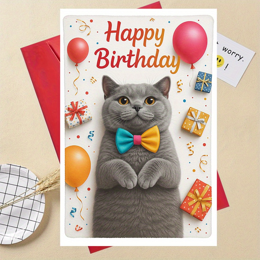 1 Adorable British Shorthair Cat Birthday Card With Balloons And Gifts - Gray With A Tie And Confetti, "happy Birthday" Text, , Heart-shaped Cutout Design - A Party Invitation For Cat Lovers,