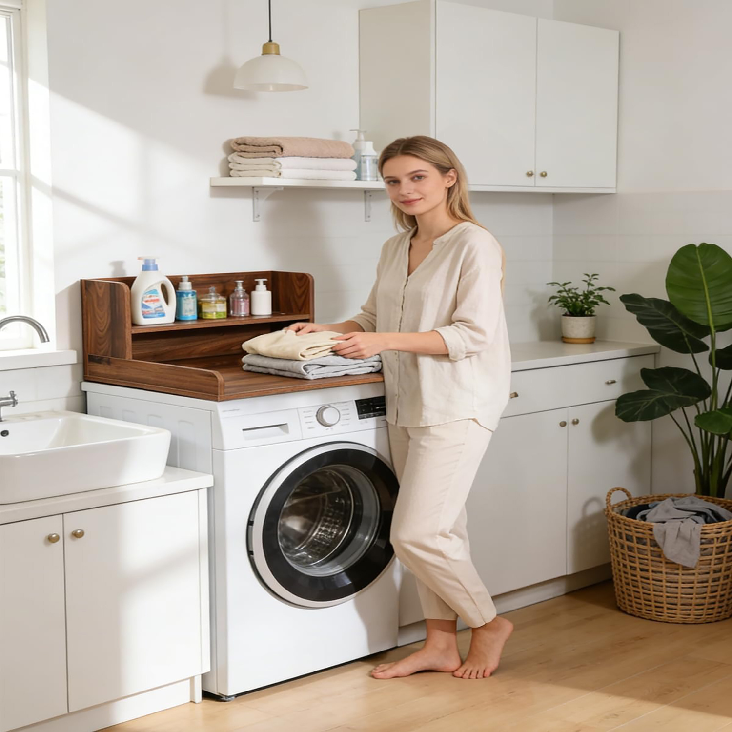 Countertop for Washing Machine and Dryer, 2-Tier Washer-Dryer Countertop, Wooden Laundry Countertop for Washing Machine and Dryer, Washer-Dryer Countertop for Laundry Room Organization, Utility Racks