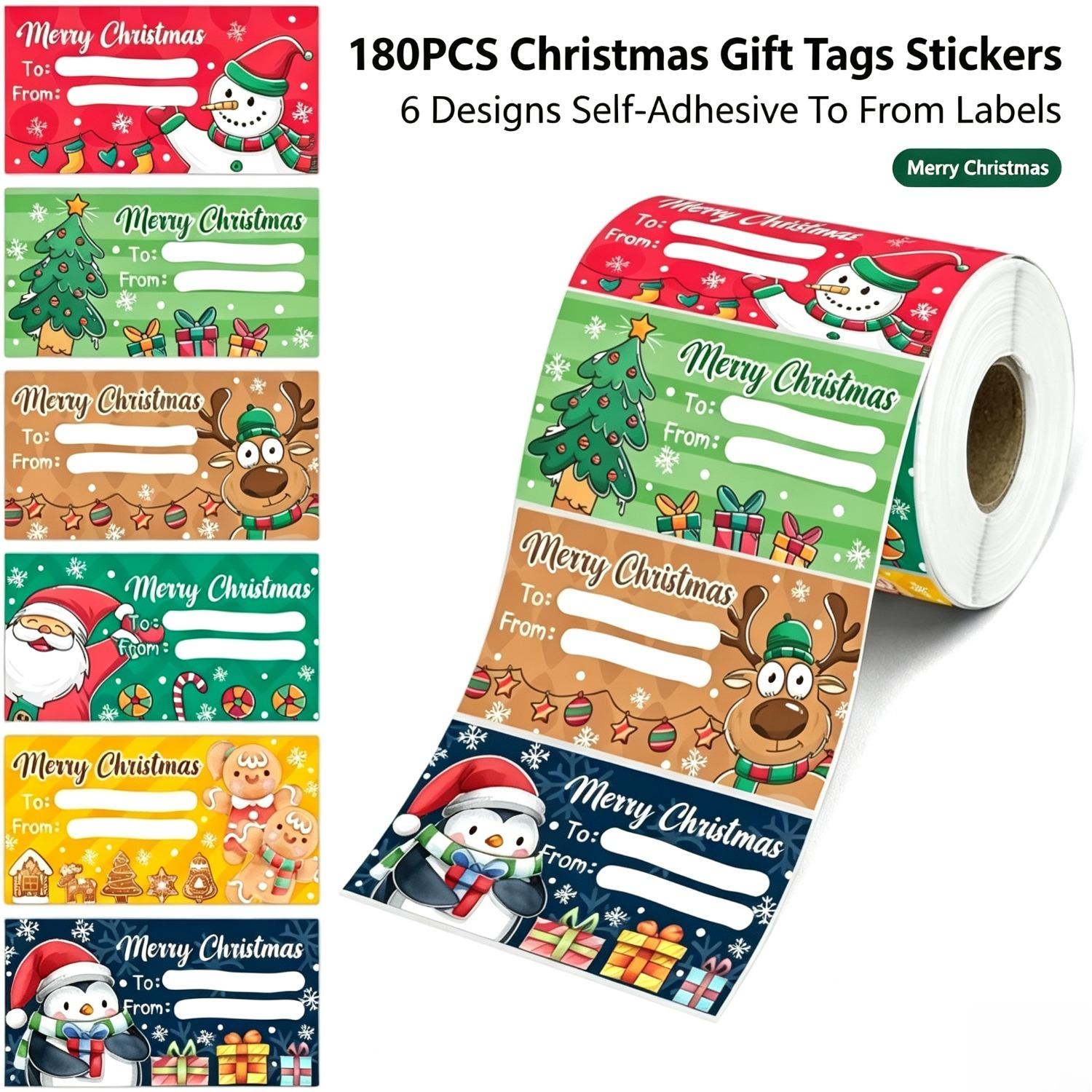 TEMU 180pcs Christmas Gift Tag Stickers, 6 Designs Self-adhesive To From Name Labels, Cute Cartoon Santa Snowman Penguin Reindeer Tree Gingerbread