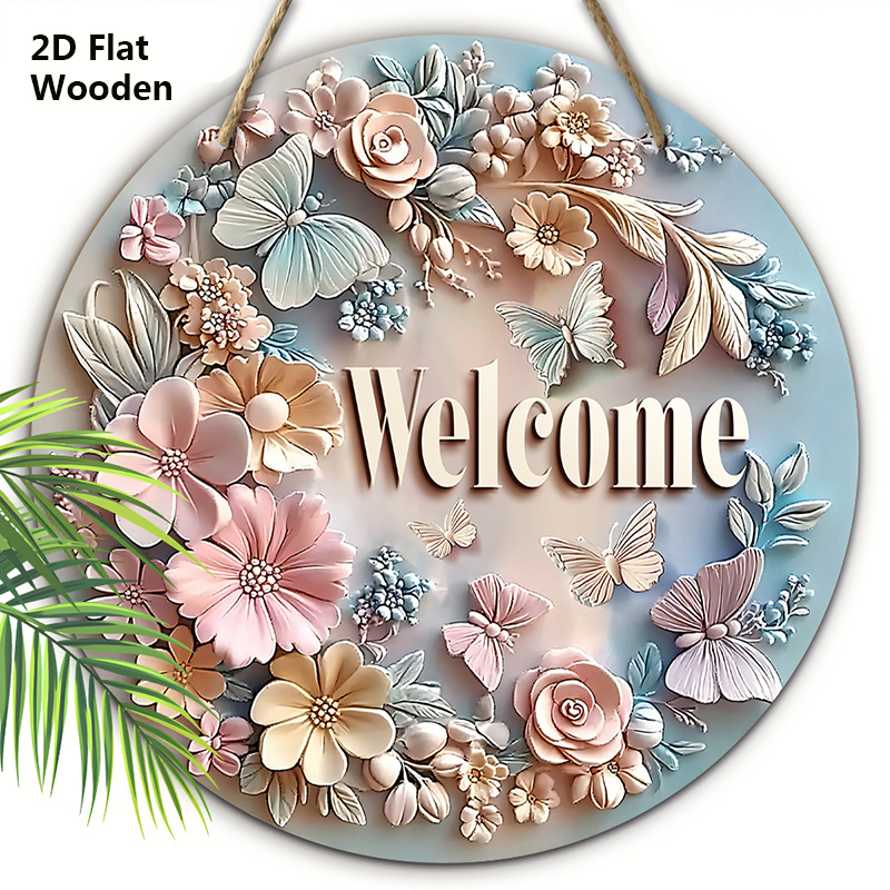 Image of 2d Flat Flowers Pink Wooden Sign - 1pc Decorative Plaque With "welcome" - Ideal Round Ornament For Front Door Wall Hanging Decor Hanging Decoration
