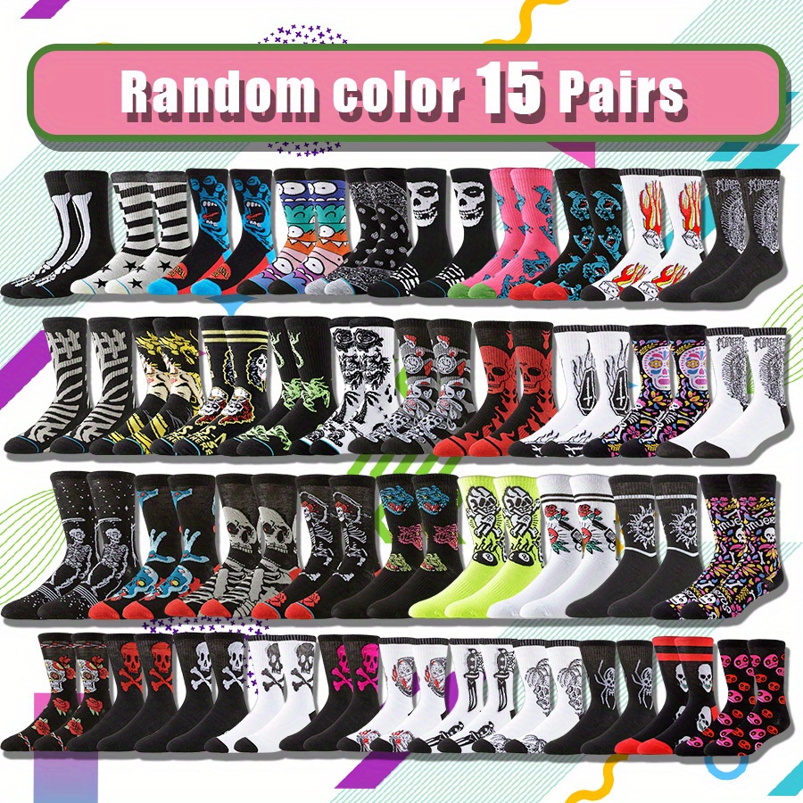 TEMU Random /15 Pairs Men Women Cool Mid Calf Streetwear Hip Hop Trendy Prints Casual Crew Socks Novelty Designs