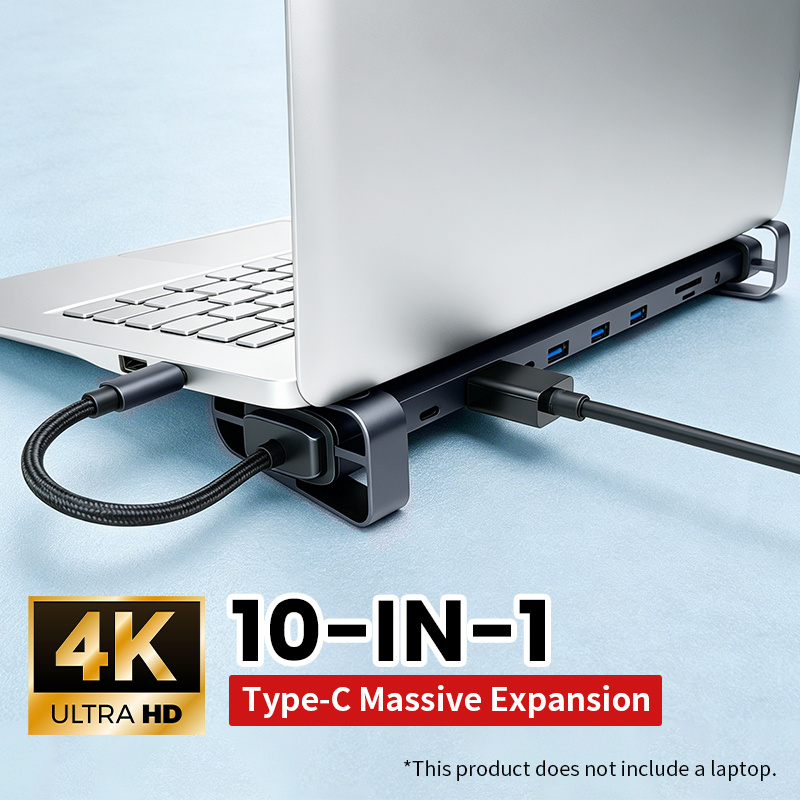 TEMU Station d'accueil USB-C 10-en-1 avec support pour ordinateur portable, HDTV 4K@60Hz, PD 87W, Ethernet RJ45, 3 ports USB 3.0, lecteur de cartes