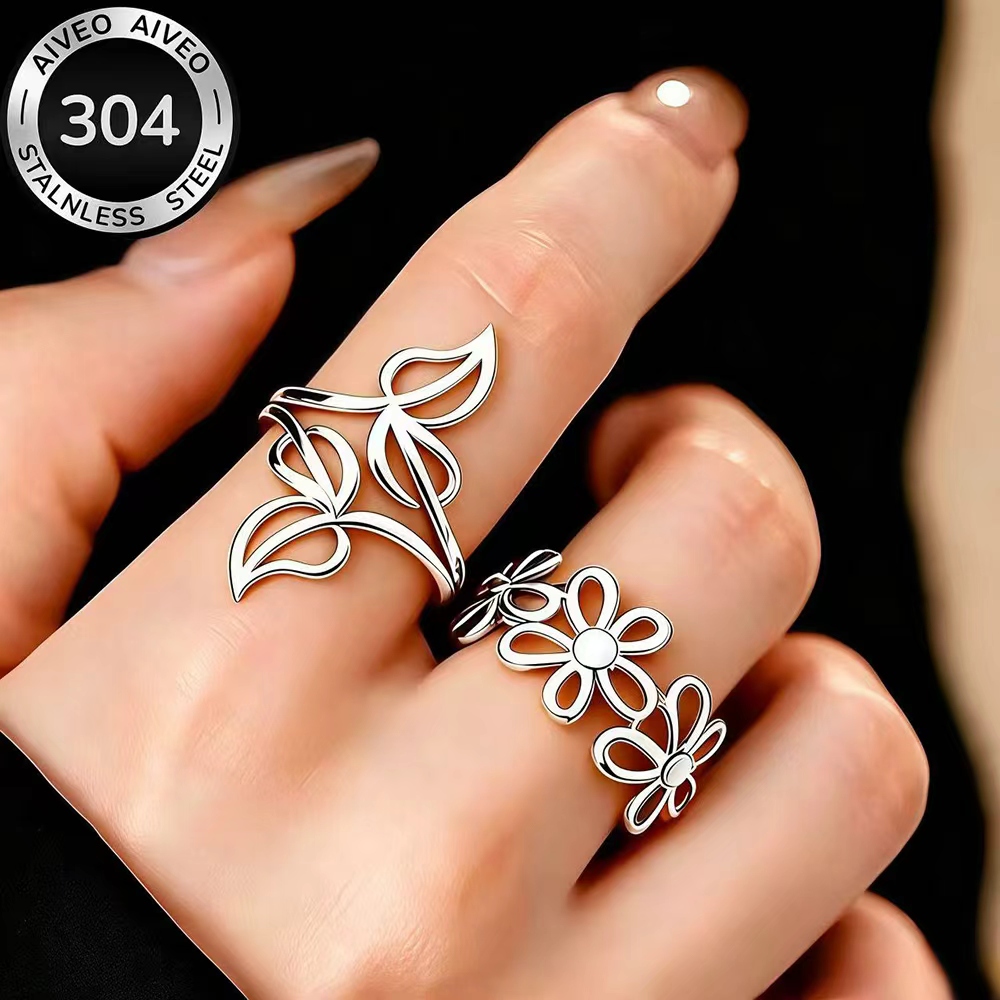 2pcs Golden Stackable Open Ring Set, Stainless Steel