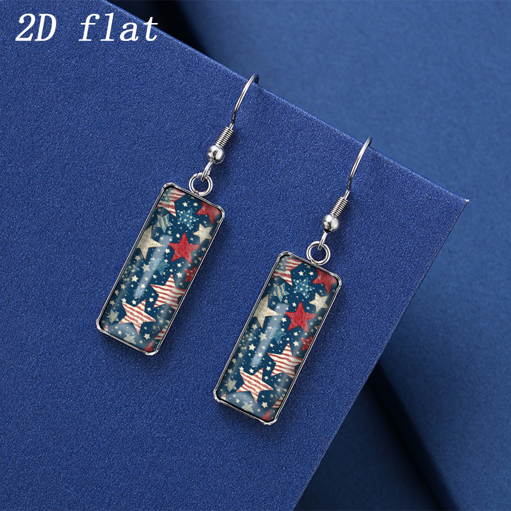 TEMU 1 Pair Of Star And Stripe Flag Pattern Glass Cabochon Earrings, Spring And Summer Earrings, Stainless Steel Hooks, Rectangular Shape, 2d Flat