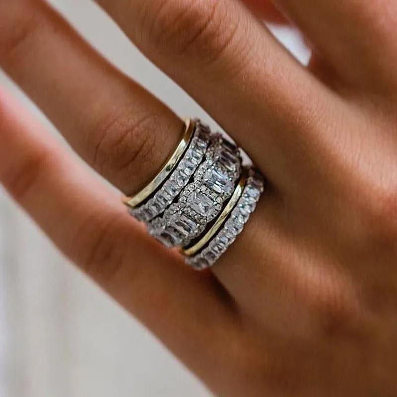 TEMU 5pcs Ultra-luxurious Full-set Geometric Synthetic Synthetic Zirconia Ring Set, High-quality Stackable Rings For Women And Men, Suitable For