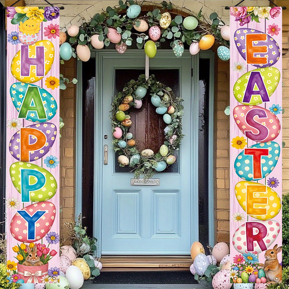 

1 Pair, Front Door Porch Sign Banner, Easter Eggs Themed Party Banner, Polyester Door Couplets Great For Outdoor And Indoor Front Porch, Patio, Garage And Home Background Decoration