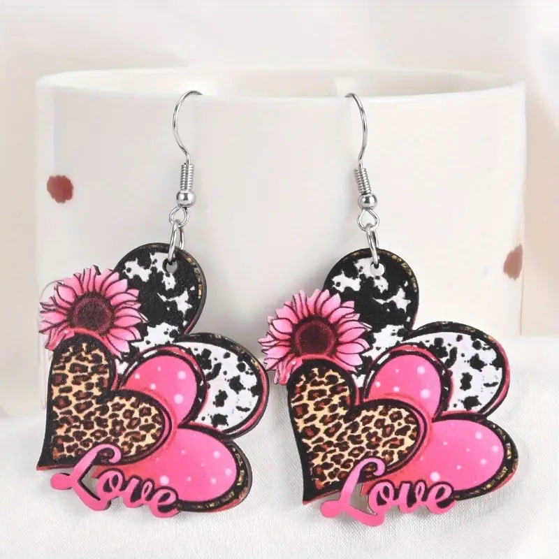 TEMU 2pcs Fashion Creative Vintage Leopard Print Multi-love Sunflower Double Sided Pattern Earrings Love Earrings Gifts For And Lovers Earrings For