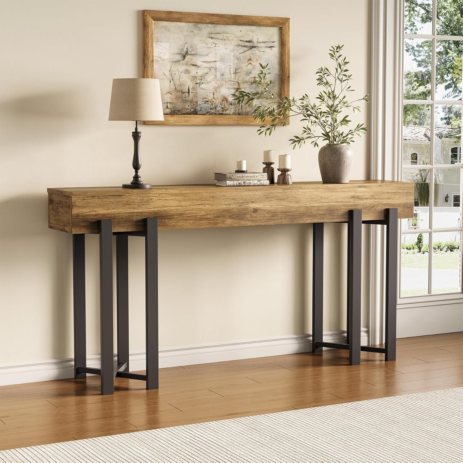 63-inch Console Table For Entryway, Industrial Behind Couch Table, Minimalist Sofa Table For Living Room, Rustic Brown Wooden Hallway Foyer Table With Black Metal Frame