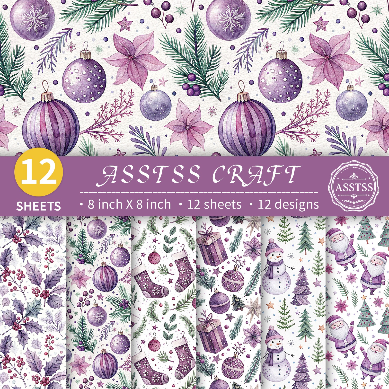 TEMU Lot de 12 feuilles de papier scrapbooking ASSTSS de 8X8 pouces, papier de base style carreaux violet Noël aquarelle Père Noël et sapin, papier