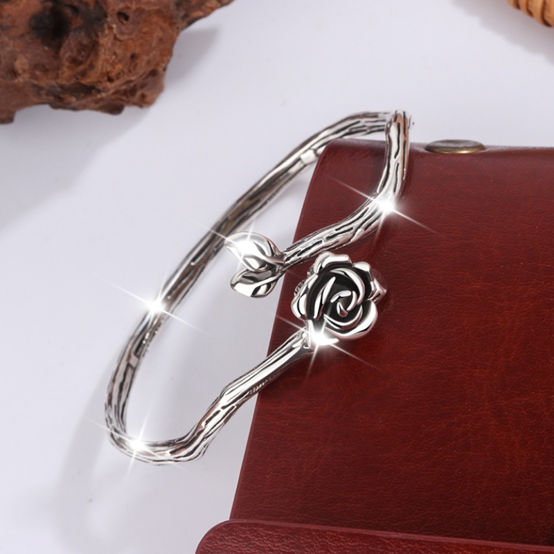 Women's Retro Distressed Rose Bracelet, Irregular Twig Bangle