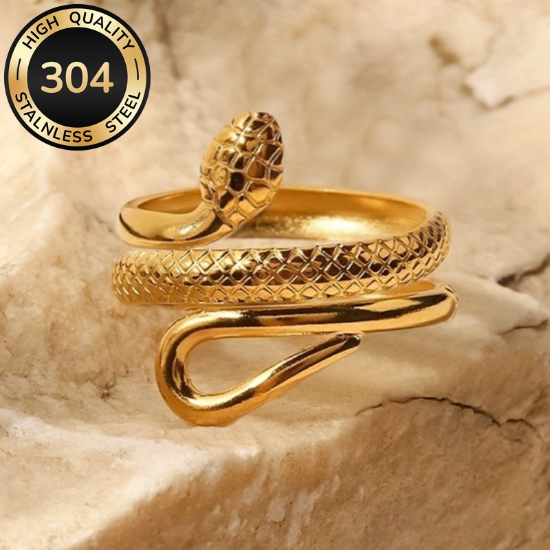 TEMU 18k Golden Plated 304 Stainless Steel Snake Open Adjustable Ring For Women Men Daily Casual Party Holiday Vintage Gothic Snake Jewelry Additions