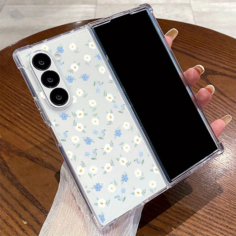 TEMU A Transparent, Personalized Phone Case With A Blue And White Floral Pattern And Green Leaves, Against Drops. Compatible With For For Galaxy Z