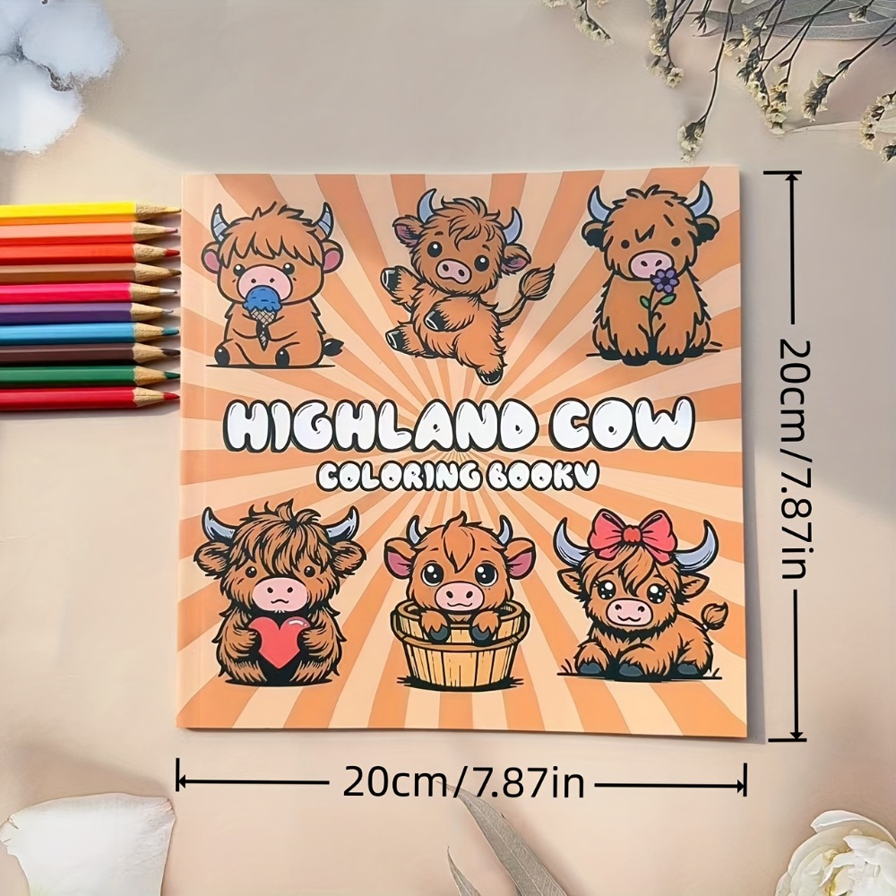 TEMU 2d Flat, 2d Flat, Highland Cow Adult Art Book, Cute Chubby Highland Cow Paintings, Fluffy Cartoon Animal Paintings, Heart, Flower & Ice Cream