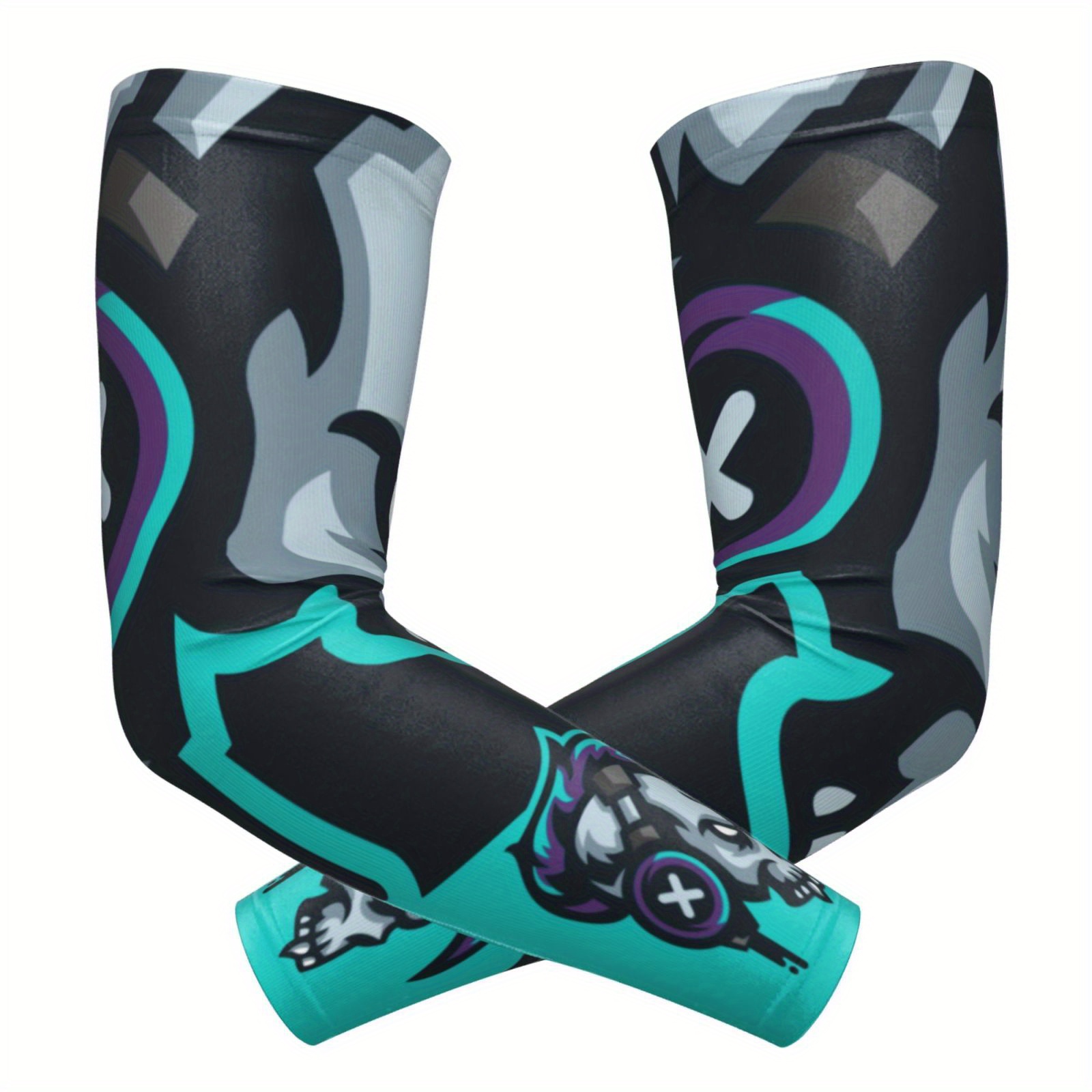 TEMU A Pair Of Fashionable Cooling Arm Sleeves For Outdoor Use, Featuring A Trendy Esports Style With , Vibrant Teal, Blue, And Purple Geometric