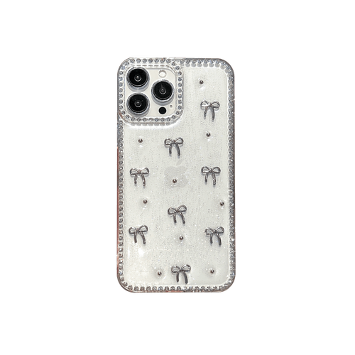 item picture phone case easy transparent phone case with sparkling edges featuring dimensional silvery bow compatible with iphone 13 pro