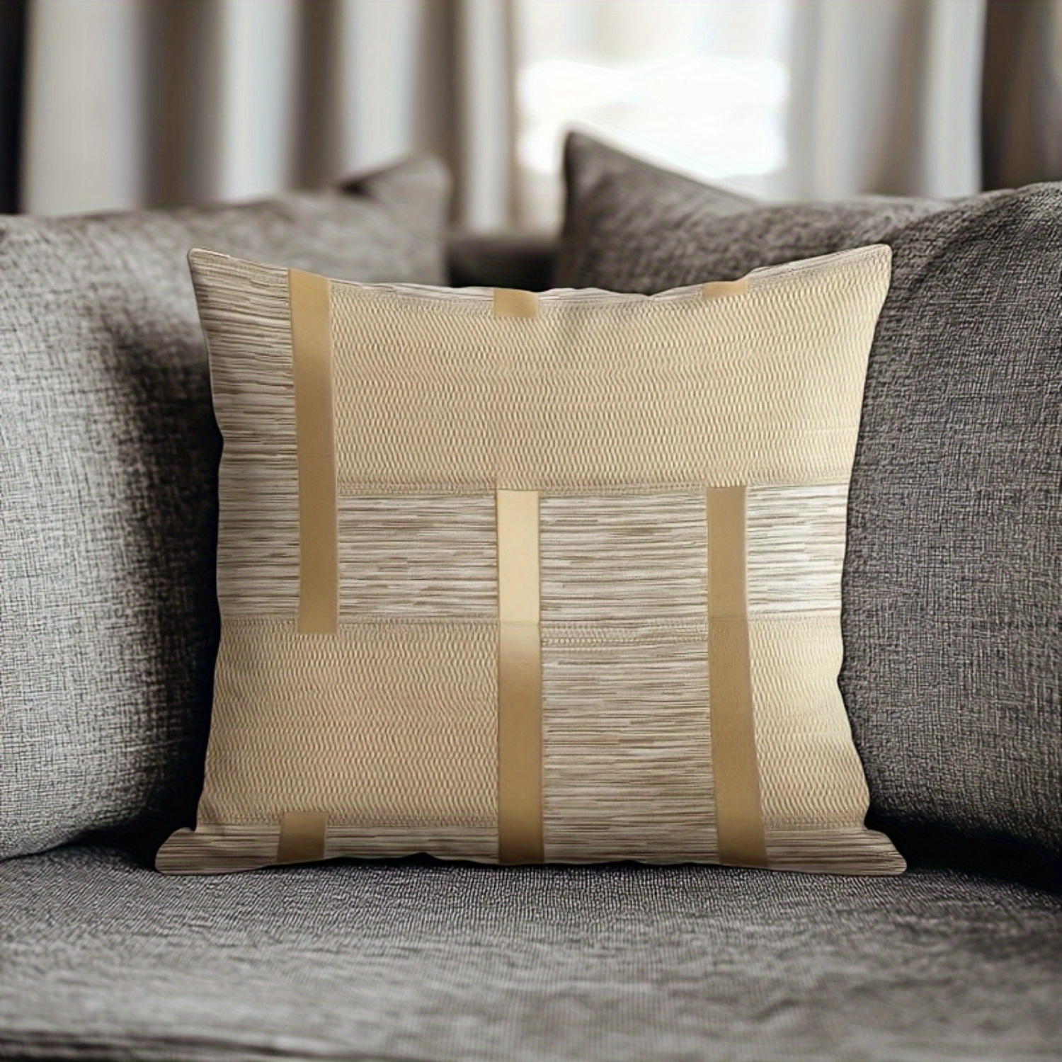 TEMU 1 housse de coussin carrée à rayures dorées et texturés - Impression douce - Idéale pour la décoration de , cadeaux pour les fêtes et occasions