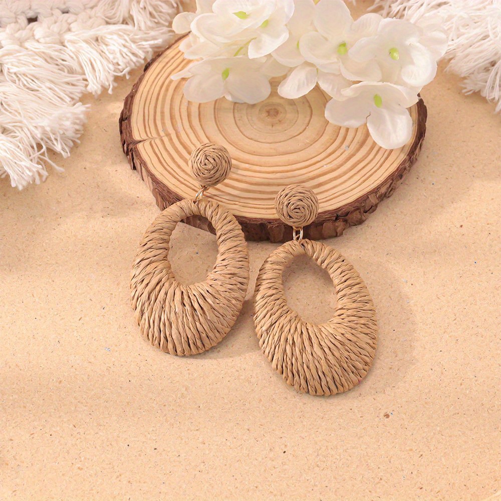 E-shop 1 Paar bohemianer, ozeanisch inspirierter, elliptischer, gewebter Ohrringe für Frauen - Gelb, Grün und Beige, Edelstahlstangen, für Strandpartys