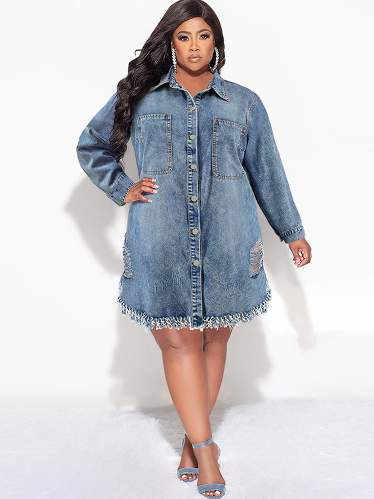 women's plus size denim shirt dress jacket lapel collar button