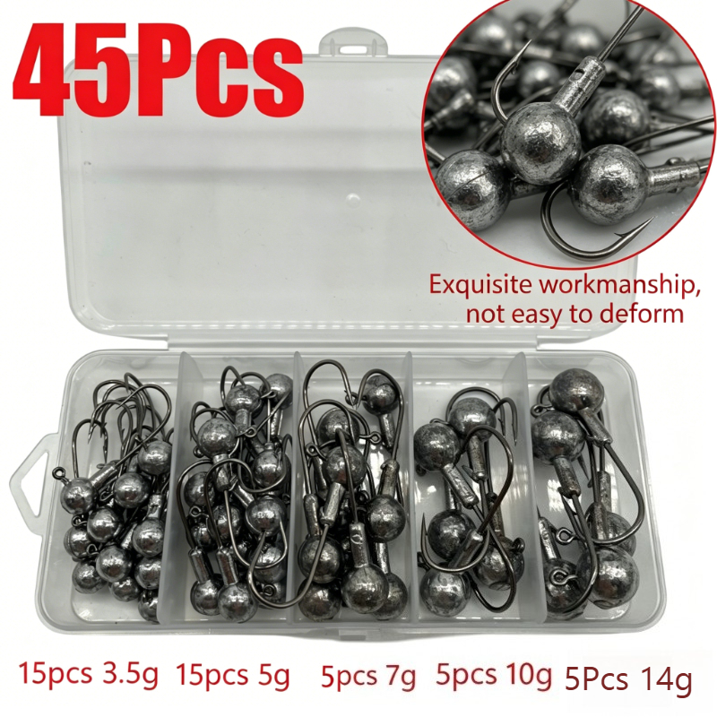 Image of 45pcs Swivel Hook Set - 3.5g, 5g, 7g, 10g, 14g Round Hooks, Soft Bait Hooks, Suitable For Trout, , And Sea Fishing, Fishing Additions