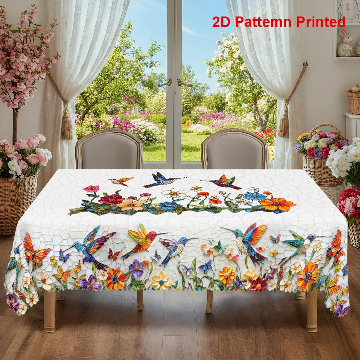 TEMU 1pc, Spring Summer Themed Party Tablecloth, Colorful Glass Hummingbird Daisy Floral Printed Design, Rectangular/round/oval Table Cloth, Embossed